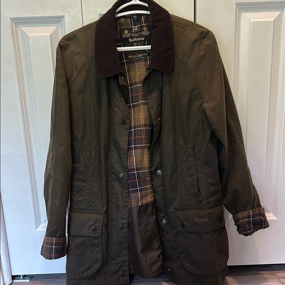 Barbour Dark Green Waxed Coat with Plaid Lining